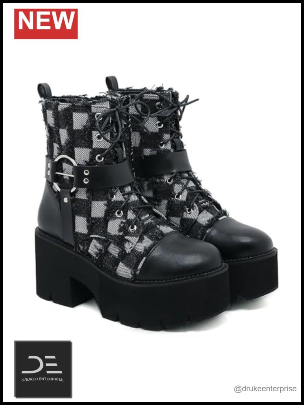 Faux Leather Ankle Boots Chunky Heel Goth Combat Boots, Side Zipper, Lace Up,